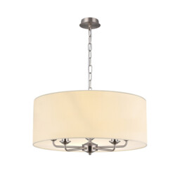 Banyan 5 Light Multi Arm Pendant, E14 Satin Nickel With 60cm x 22cm Faux Silk Shade, Ivory Pearl/White Laminate