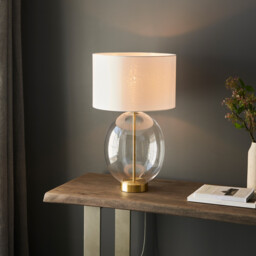 Kelda Oval Table Lamp with Round Shade Satin Brass Plate, Clear Glass With Vintage White Fabric, 1x E27 - thumbnail 3
