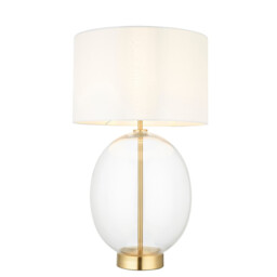 Kelda Oval Table Lamp with Round Shade Satin Brass Plate, Clear Glass With Vintage White Fabric, 1x E27