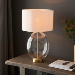 Kelda Oval Table Lamp with Round Shade Satin Brass Plate, Clear Glass With Vintage White Fabric, 1x E27 - thumbnail 5