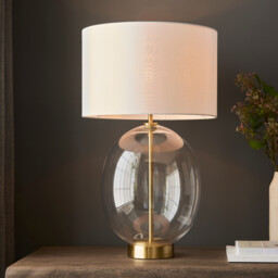 Kelda Oval Table Lamp with Round Shade Satin Brass Plate, Clear Glass With Vintage White Fabric, 1x E27 - thumbnail 2