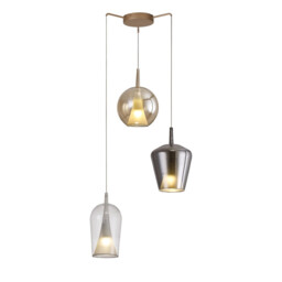 Elsa Pendant With Mixed Shades, 3 Light E27, Clear/Chrome/Bronze Glass With Frosted Inner Cone, Gold Frame