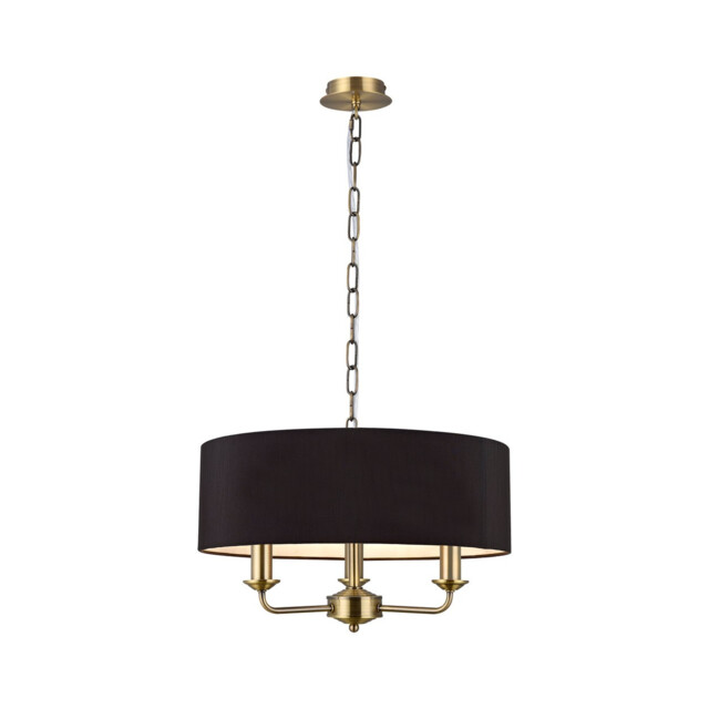Banyan 3 Light Multi Arm Pendant, E14 Antique Brass With 45cm x 15cm Faux Silk Shade, Black - image 1