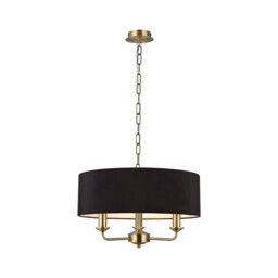 Banyan 3 Light Multi Arm Pendant, E14 Antique Brass With 45cm x 15cm Faux Silk Shade, Black