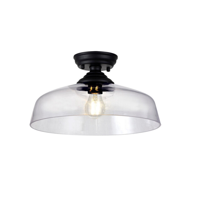Dresden Flush Ceiling Lamp E27 With Flat Round 38cm Glass Shade Matt Black, Clear - image 1