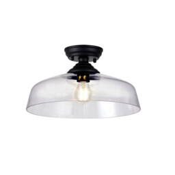 Dresden Flush Ceiling Lamp E27 With Flat Round 38cm Glass Shade Matt Black, Clear