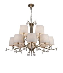 Andrea Ceiling Pendant 100cm Round, Antique Brass, White Shades, White Crystal Droplets - thumbnail 1
