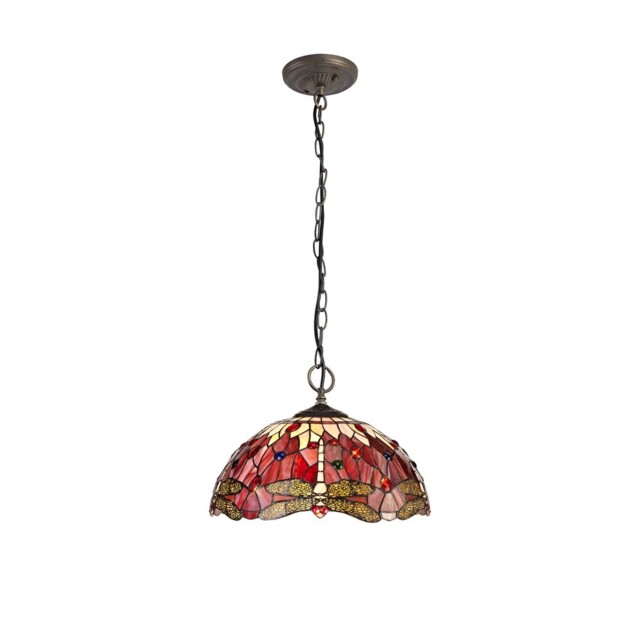 Worcester 3 Light Downlighter Ceiling Pendant E27 With 40cm Tiffany Shade, Purple, Pink, Crystal, Aged Antique Brass - image 1