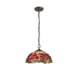 Worcester 3 Light Downlighter Ceiling Pendant E27 With 40cm Tiffany Shade, Purple, Pink, Crystal, Aged Antique Brass