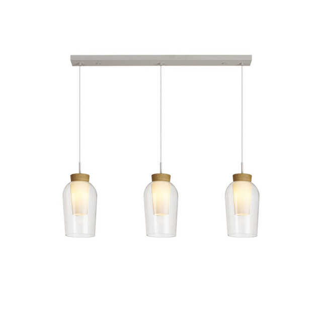 Nora Linear Pendant, 3 Light Adjustable E27, White/Wood/Clear Glass With Frosted Inner - image 1