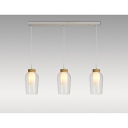 Nora Linear Pendant, 3 Light Adjustable E27, White/Wood/Clear Glass With Frosted Inner - thumbnail 2