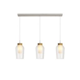 Nora Linear Pendant, 3 Light Adjustable E27, White/Wood/Clear Glass With Frosted Inner - thumbnail 1
