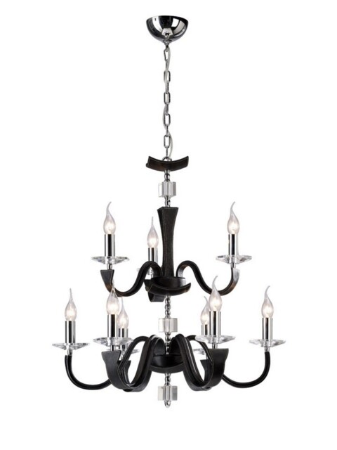 Nardini Ceiling Pendant Chandelier 2 Tier 9 Light Polished Chrome, Black Faux Leather, Crystal - image 1