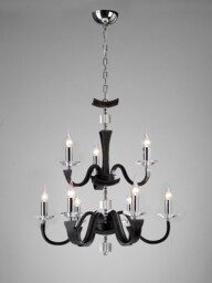 Nardini Ceiling Pendant Chandelier 2 Tier 9 Light Polished Chrome, Black Faux Leather, Crystal - thumbnail 2