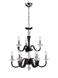 Nardini Ceiling Pendant Chandelier 2 Tier 9 Light Polished Chrome, Black Faux Leather, Crystal