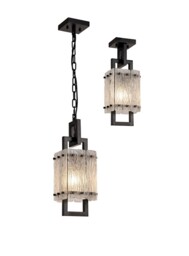 Western Small Square Ceiling Pendant, 1 Light E27, Matt Black, Crystal Sand Glass