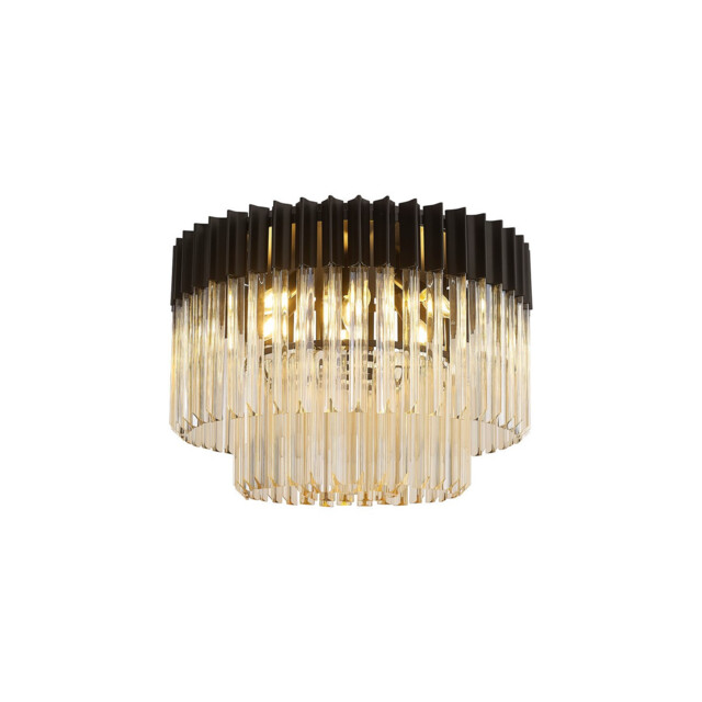 Poland Ceiling Lamp Round 7 Light E14, Matt Black, Cognac Sculpted Glass, Item Weight: 15.3kg - image 1