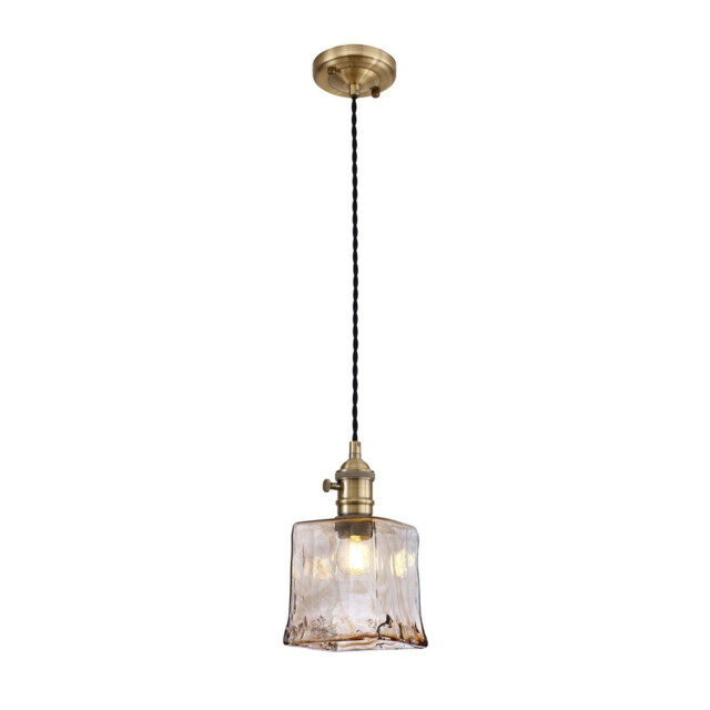Leyden Switched Ceiling Pendant 1.5m, E27, Antique Brass, Black Twisted Cable, Brown Square Glass - image 1