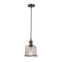 Leyden Switched Ceiling Pendant 1.5m, E27, Antique Brass, Black Twisted Cable, Brown Square Glass - thumbnail 5