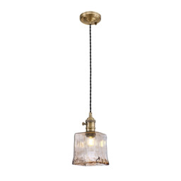 Leyden Switched Ceiling Pendant 1.5m, E27, Antique Brass, Black Twisted Cable, Brown Square Glass - thumbnail 1