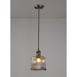 Leyden Switched Ceiling Pendant 1.5m, E27, Antique Brass, Black Twisted Cable, Brown Square Glass - thumbnail 3