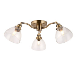 Hansen 3 Light Multi Arm Glass Semi Flush Ceiling Lamp, Antique Brass Plate, Glass - thumbnail 1