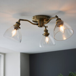 Hansen 3 Light Multi Arm Glass Semi Flush Ceiling Lamp, Antique Brass Plate, Glass - thumbnail 5