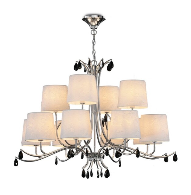 Andrea Ceiling Pendant 100cm Round, Polished Chrome, White Shades, Black Crystal Droplets - image 1