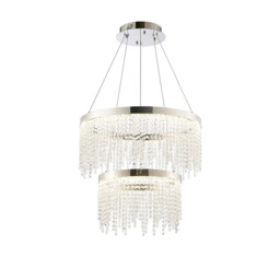 Bano Round 2 Tier Dimmable Pendant 47W LED, 4000K, 4700lm, Polished Chrome / Crystal Chain, 3yrs Warranty - thumbnail 1