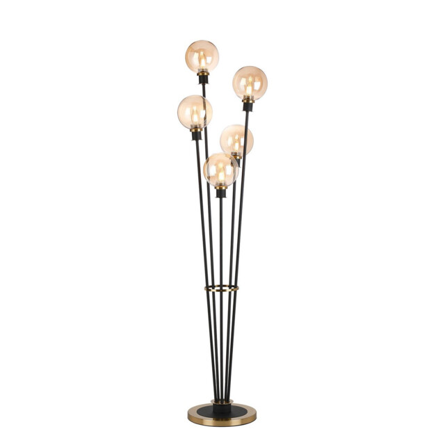 Placid Floor Lamp, 5 Light E14, With 15cm Round Glass Shade Brass, Amber Plated, Satin Black - image 1