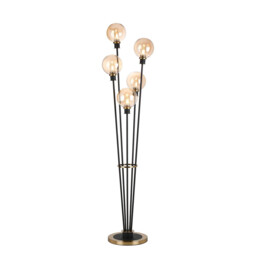 Placid Floor Lamp, 5 Light E14, With 15cm Round Glass Shade Brass, Amber Plated, Satin Black - thumbnail 1