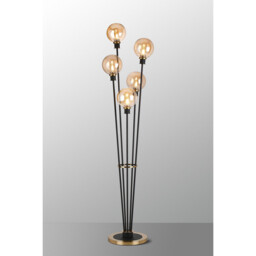 Placid Floor Lamp, 5 Light E14, With 15cm Round Glass Shade Brass, Amber Plated, Satin Black - thumbnail 3