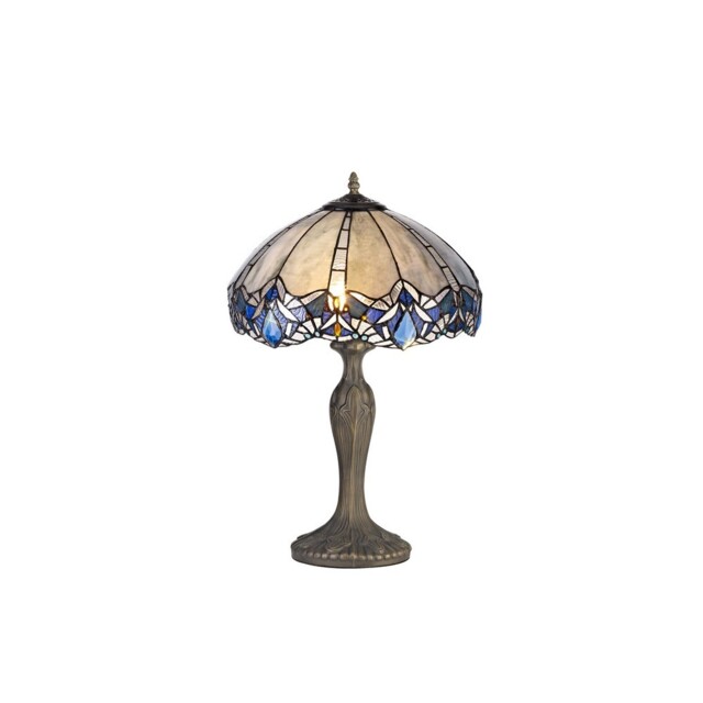 Worcester 2 Light Curved Table Lamp E27 With 40cm Tiffany Shade, Blue, Clear Crystal, Aged Antique Brass - image 1