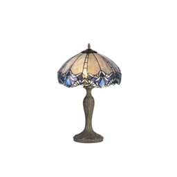 Worcester 2 Light Curved Table Lamp E27 With 40cm Tiffany Shade, Blue, Clear Crystal, Aged Antique Brass