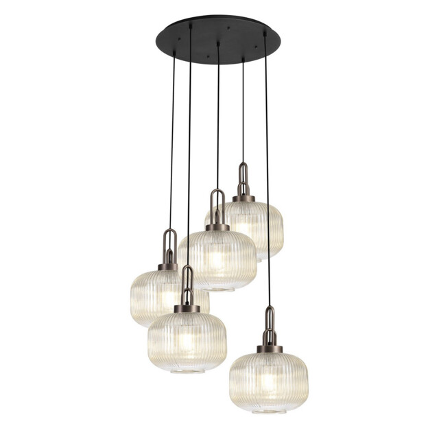 Yorktown 75cm 2.5m Round Pendant, 5 x E27, Antique Silver/Matt Black With 30cm Pumpkin Shaped Ribbed Champagne Glass - image 1