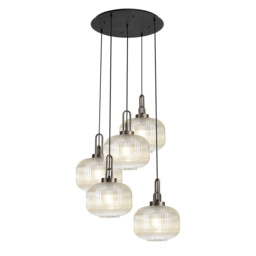 Yorktown 75cm 2.5m Round Pendant, 5 x E27, Antique Silver/Matt Black With 30cm Pumpkin Shaped Ribbed Champagne Glass