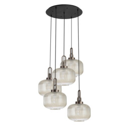 Yorktown 75cm 2.5m Round Pendant, 5 x E27, Antique Silver/Matt Black With 30cm Pumpkin Shaped Ribbed Champagne Glass - thumbnail 5