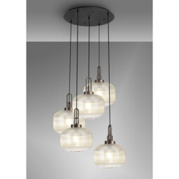Yorktown 75cm 2.5m Round Pendant, 5 x E27, Antique Silver/Matt Black With 30cm Pumpkin Shaped Ribbed Champagne Glass - thumbnail 3
