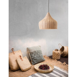 Mia 38.5cm Dome Pendant Ceiling Light Natural Ratan, Wood Black Fabric Wire, Base LED E27 - thumbnail 2