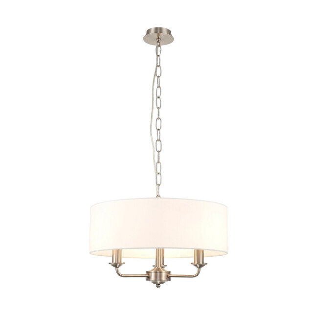 Banyan 3 Light Multi Arm Pendant, E14 Satin Nickel With 45cm x 15cm Faux Silk Shade, White - image 1