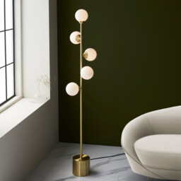 Grosseto Multi Arm Floor Lamp Satin Brass Plate, Gloss White Glass - thumbnail 2