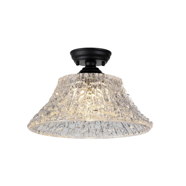 Dresden Flush Ceiling Lamp E27 With Round 38cm Patterned Glass Shade Matt Black, Clear - image 1