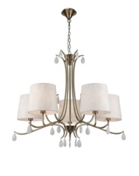 Andrea Ceiling Pendant 81.5cm Round, Antique Brass, White Shades, White Crystal Droplets - thumbnail 1