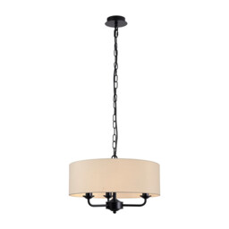 Banyan 3 Light Multi Arm Pendant With 45cm x 15cm Faux Silk Fabric Shade Matt Black/Ivory Pearl