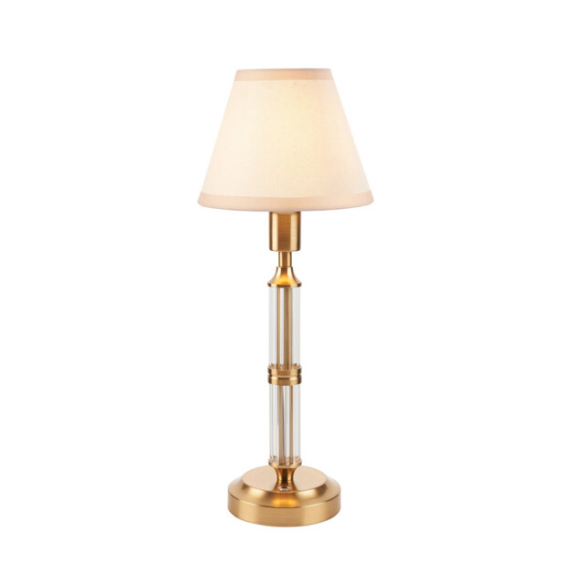 Morton Rechargeable Brushed Aged Brass Plate Table Lamp with Vintage White Fabric Ivy Shade 16cm Integrated LED - image 1