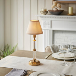 Morton Rechargeable Brushed Aged Brass Plate Table Lamp with Vintage White Fabric Ivy Shade 16cm Integrated LED - thumbnail 2