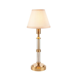 Morton Rechargeable Brushed Aged Brass Plate Table Lamp with Vintage White Fabric Ivy Shade 16cm Integrated LED