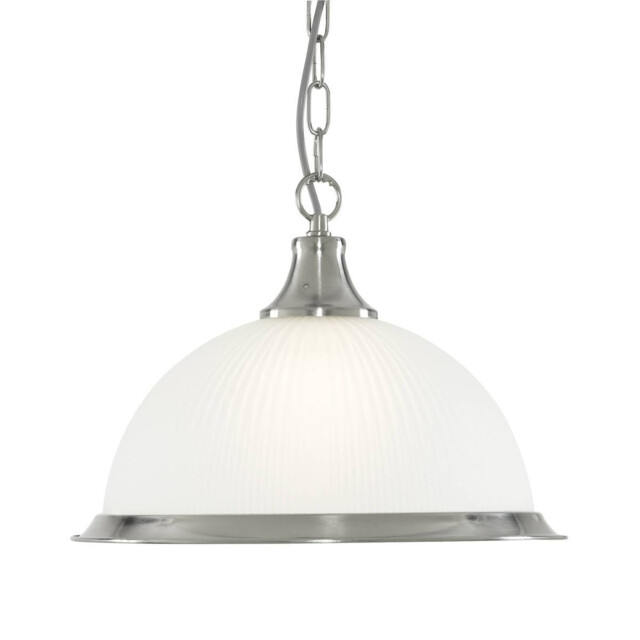 American Diner 1 Light Dome Ceiling Pendant Satin Silver, Acid Ribbed Glass, E27 - image 1