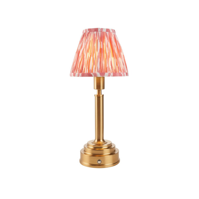 Upton Rechargeable Brushed Aged Brass Plate Table Lamp with Coral Pink Fabric Ikat Shade 16cm Integrated LED - image 1