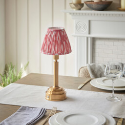 Upton Rechargeable Brushed Aged Brass Plate Table Lamp with Coral Pink Fabric Ikat Shade 16cm Integrated LED - thumbnail 3
